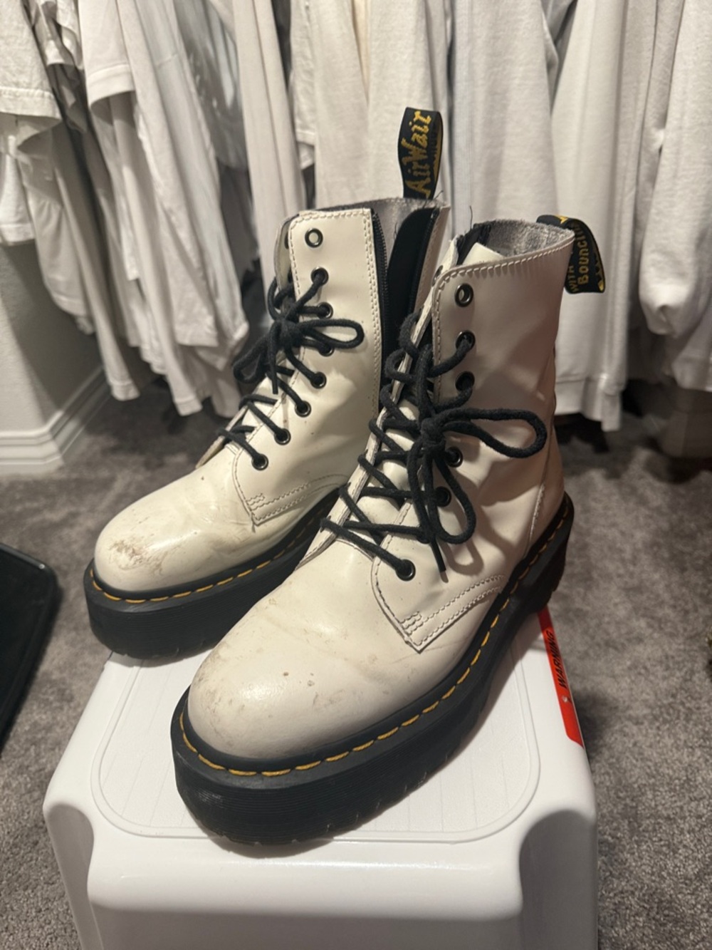 Dr. Martens White Platform Lace-Up Combat Boots with Yellow Stitching